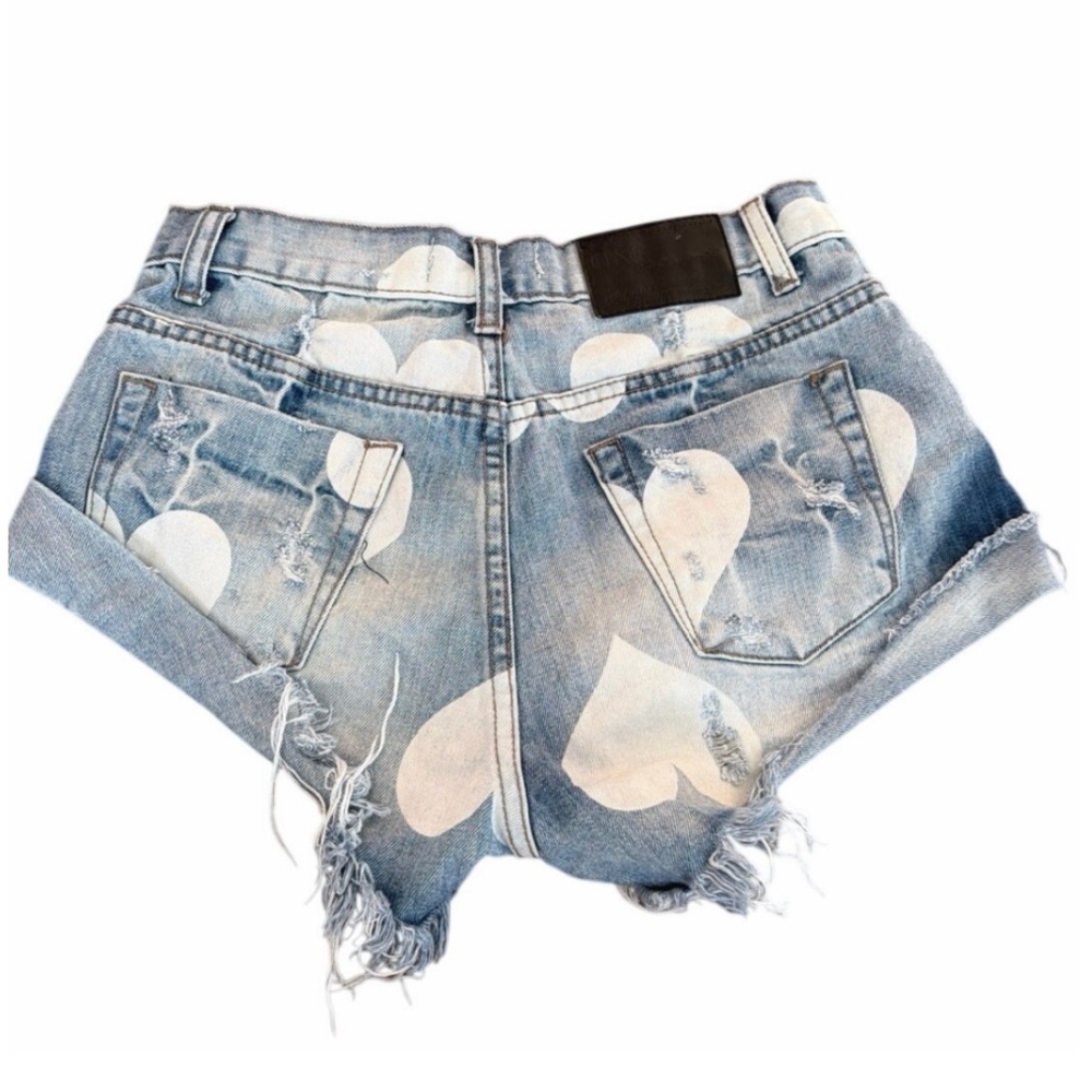 One Teaspoon Blue Heart Print Jean Shorts